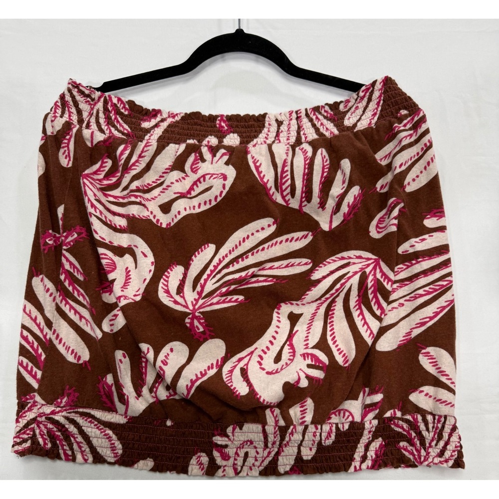 Anthropologie XL Pink Brown Botanical Smocked Cotton Linen Tube Top OB1299853